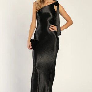 Black Satin One-Shoulder Tie-Strap Maxi Dress- S